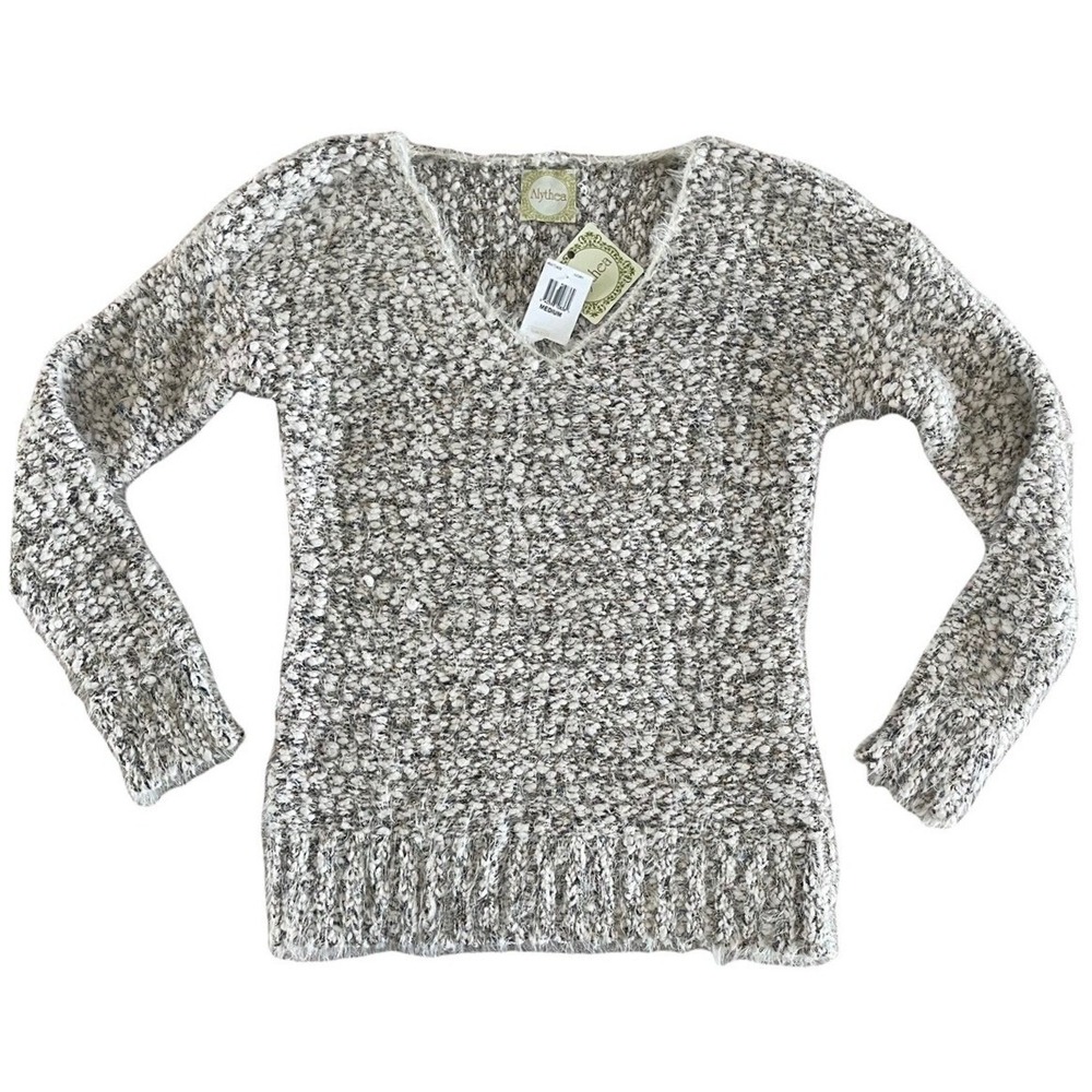 Alythea Textured Knit V‎ Neck Sweater Ivory Speckled Metallic Women's Medium NWT